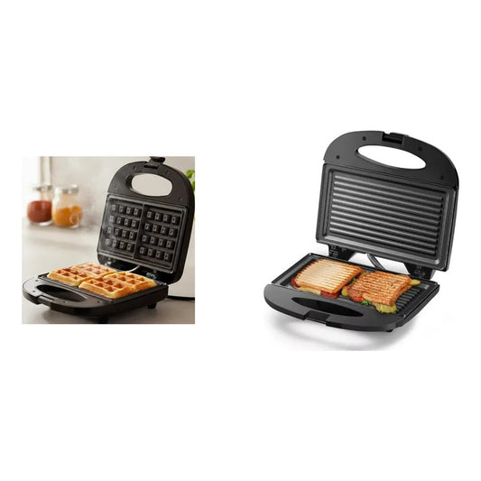 Kit Cocina Fácil: Waflera Doble Antiadherente 2 Waffles Eléctrica Negro + Tostador Grill Sandwichera Negro
