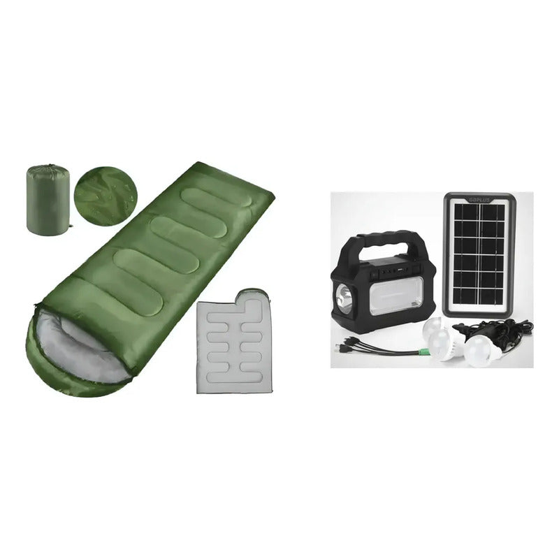 Kit Outdoor: Saco De Dormir Portátil Azul 950g + Kit Camping Solar Luz Emergencia 3 Ampolletas