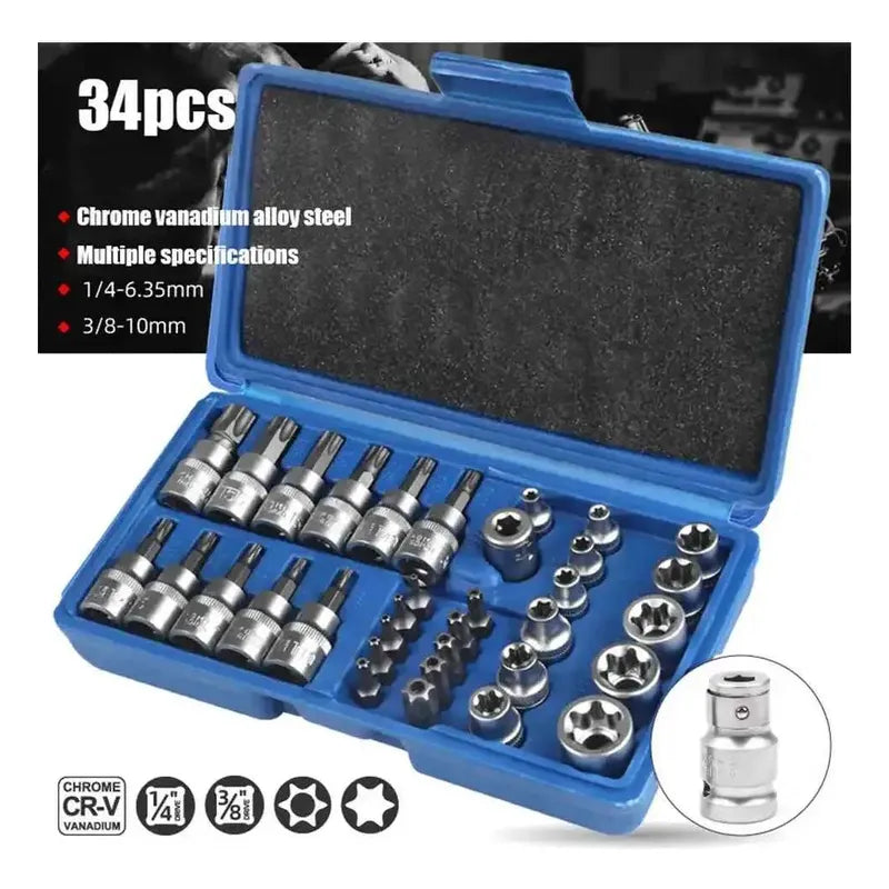 Set De Dados 34 Piezas 3/8 Estrella Torx Macho Hembra
