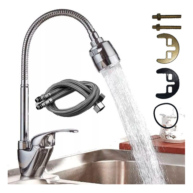 Llave Monomando Lavaplatos Flexible Fría Y Caliente Manguera Plateado