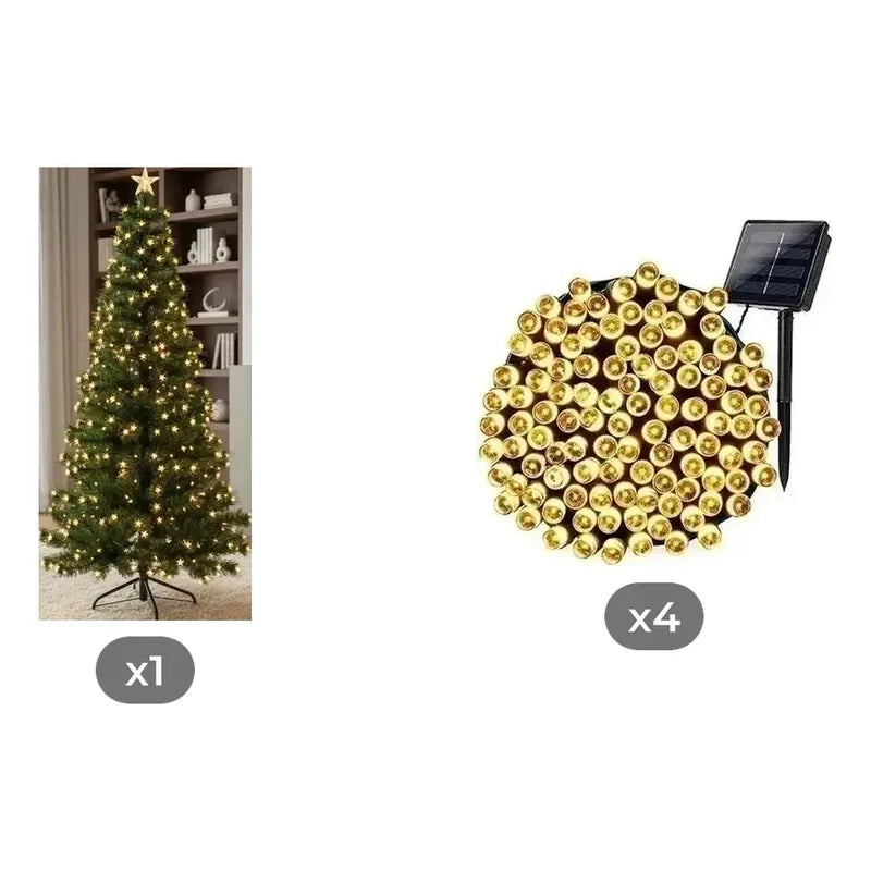 Kit Navidad: Árbol Verde Con Luces Cálidas Y Estrella 170cm + 4 Guirnaldas Led Solares 10m