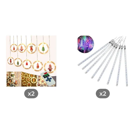 Kit Navidad: 2 Guirnaldas Led Aros Usb Cálida 3m + 2 Tubos Solares Lluvia Meteoritos Cálidos