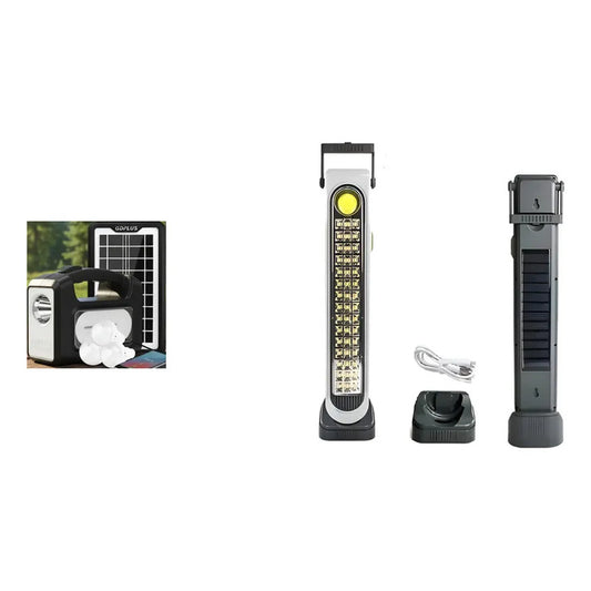 Kit Solar: Kit Camping Luz Emergencia Cargador Usb 3 Ampolletas Blanco + 2 Lámparas 45 Led Sol Blanco