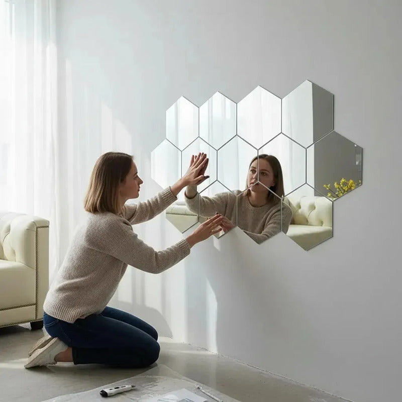 Set X6 Pegatinas Espejos Acrilicos Pared Adhesivo Hexagonal Espejo