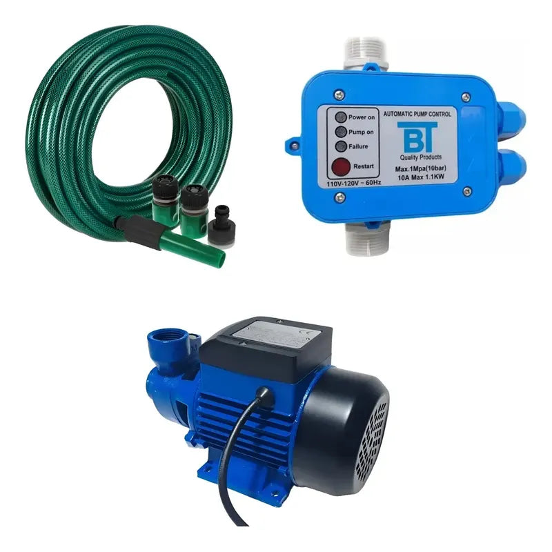 Kit Riego: Bomba Periférica 0,5 Hp 220v + Controlador Presión Automático + Manguera 20 M 1/2 Verde