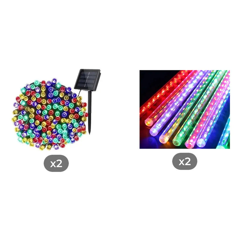 Kit Fiesta Solar: 2 Guirnaldas 100 Led Multicolor 10 M + 2 Tubos Lluvia De Meteoritos Multicolor