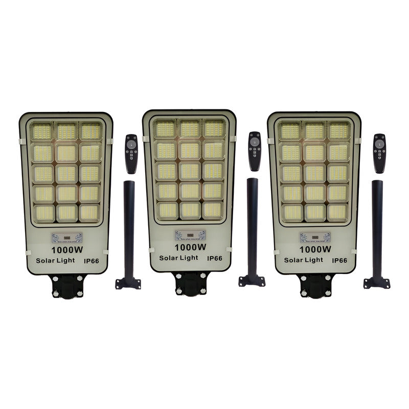 Pack X 3 Foco Solar 1000watt Alumbrado Exterior Poste Negro Fría