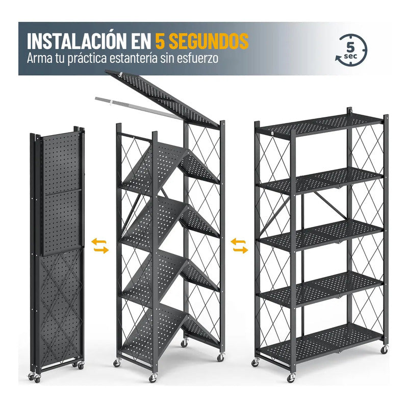 Estanteria Plegable Metalica 5 Estantes Con Ruedas Rack Negr Negro