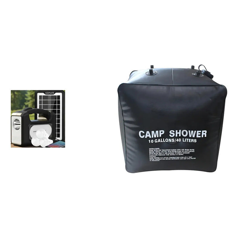 Kit Camping: Luz Emergencia Solar Blanco Frío + Ducha Solar 40l Negro