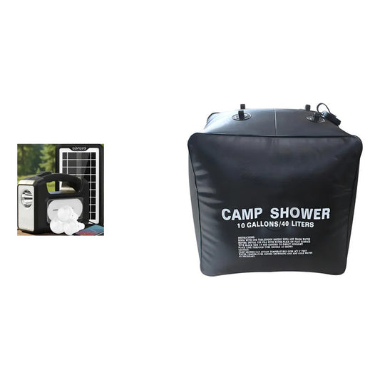 Kit Camping: Luz Emergencia Solar Blanco Frío + Ducha Solar 40l Negro
