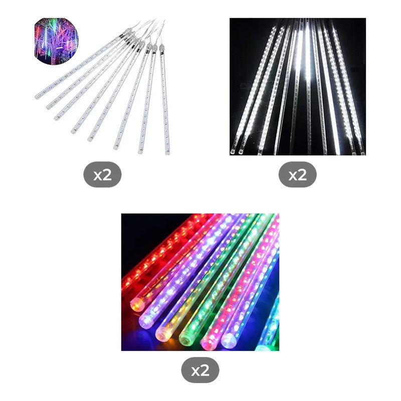 Kit Meteoritos: 2 Guirnaldas Solar Led Blanco Cálido + 2 Blanco Frío + 2 Multicolor