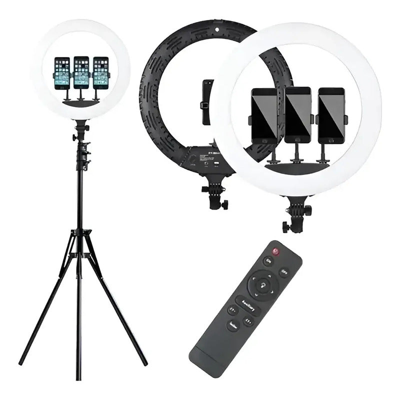 Aro De Luz Profesional Led 44cm + Trípode + 3 Soporte Telef Negro Rgb