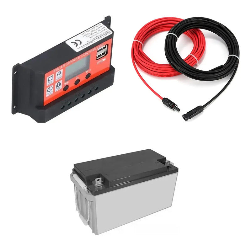 Kit Solar: Regulador Carga 20a Pwm Lcd + Batería Gel 100ah 12v + Cable Solar 4mm 10m Rojo/negro