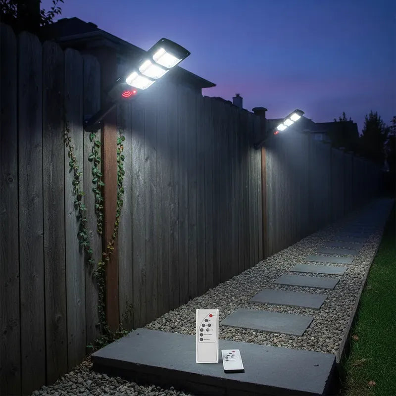Pack X2 Foco 300w Solar Sensor Movimiento Soporte Y Control Gris Oscuro Blanco Frío