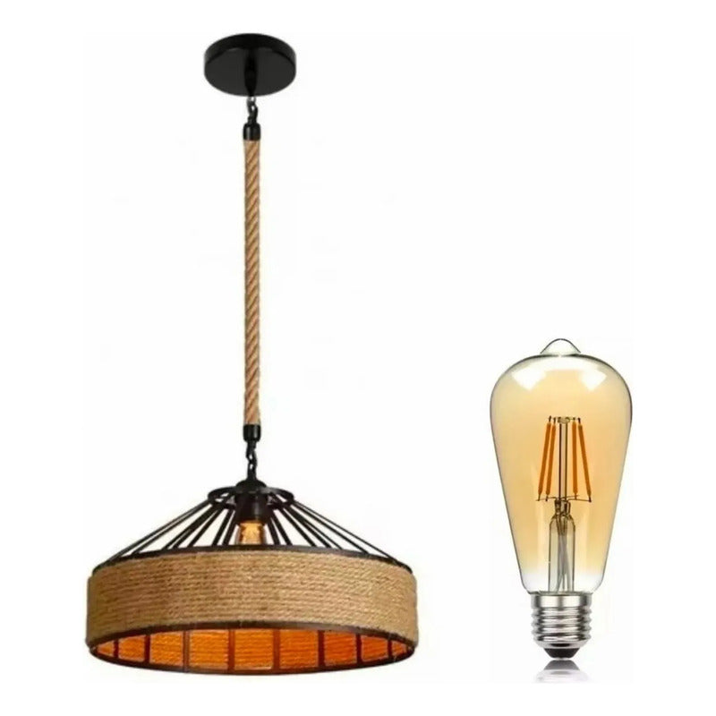 Lampara Redonda 30cm Con Cuerda Cáñamo Metal Rustica