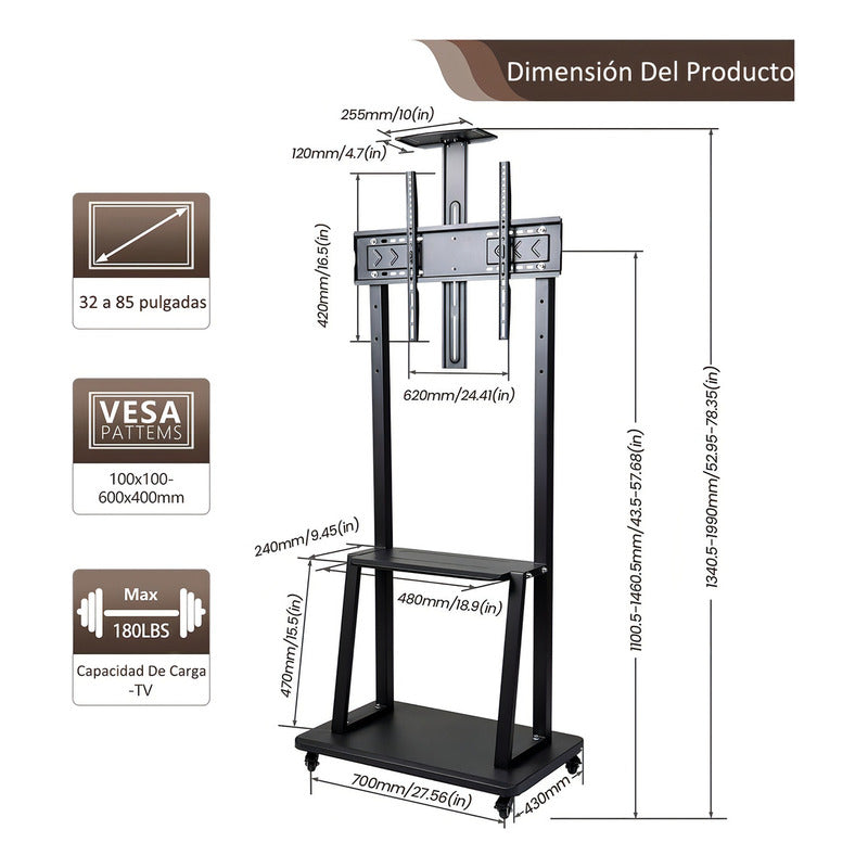 Soporte Tv Móvil Ruedas 32-70  Negro Altura Ajustable Ruisu 1700