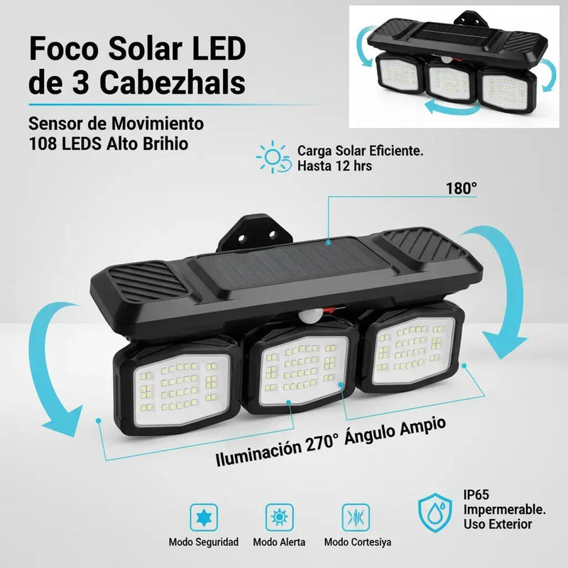 Foco Led Solar Con  Sensor De Movimiento 3 Cabezas Giratoria Negro Blanco Frío