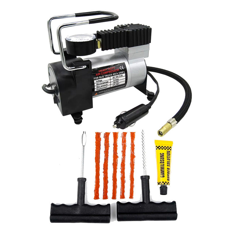 Kit Compresor De Aire Auto 12v Y Reparación De Pinchazos Negro 50hz Monofásica