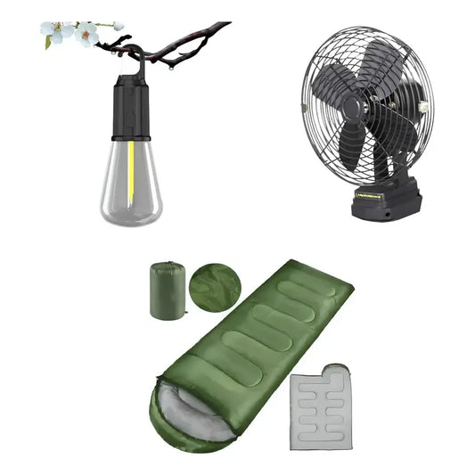 Kit Camping: Saco Dormir Portátil Azul 950g + Ampolleta Recargable Luz Cálida + Ventilador Batería 15cm
