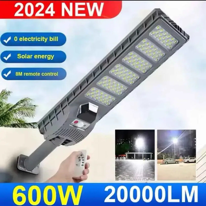 Foco Con Sensor 600w Carga Solar + Soporte Base Y Control Gris Oscuro Blanco Frío