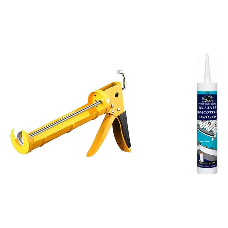 Kit Sellado: Pistola Calafatera Para Cartucho + Silicona Acética Gris Resistente