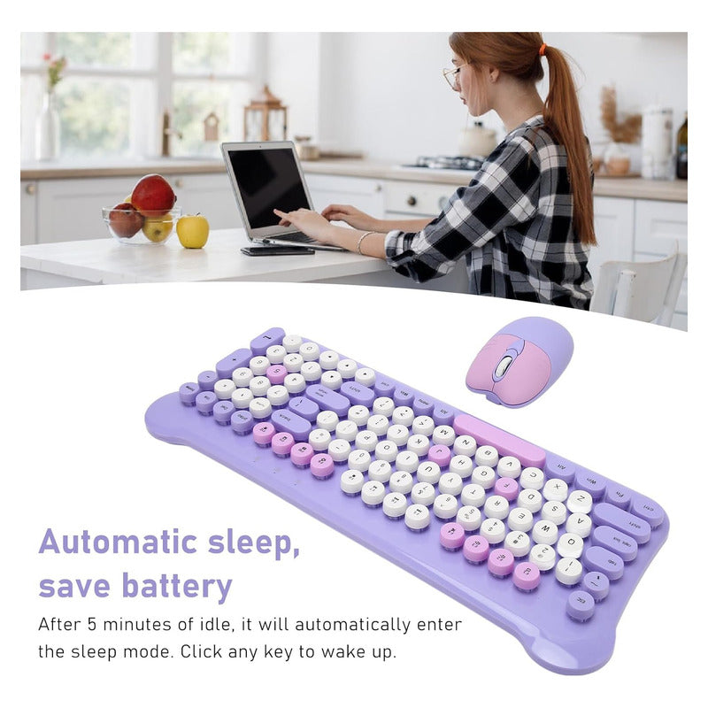 Teclado Gamer Inalámbrico + Mouse 2.4g  Retro Color Pastel Violeta