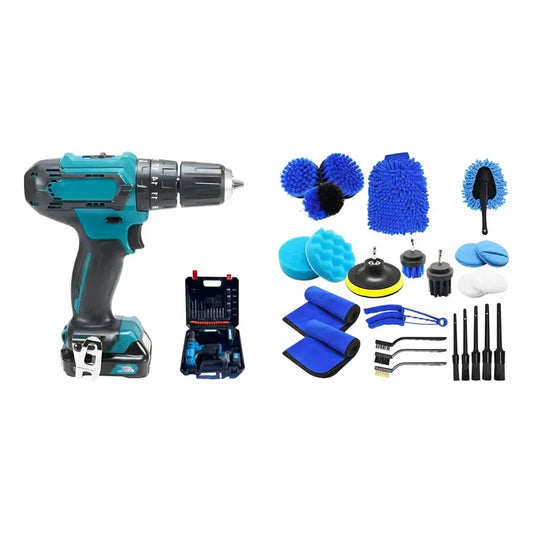 Kit Herramientas: Taladro Inalámbrico Atornillador Portátil Azul + Kit Pulido Auto 25 Piezas