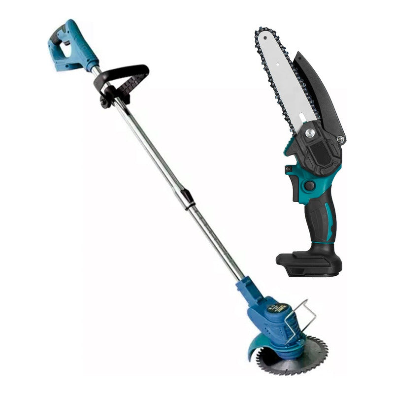 Kit 2 En 1 Cortadora De Pasto + Mini Moto Sierra Inalámbrica Azul Acero
