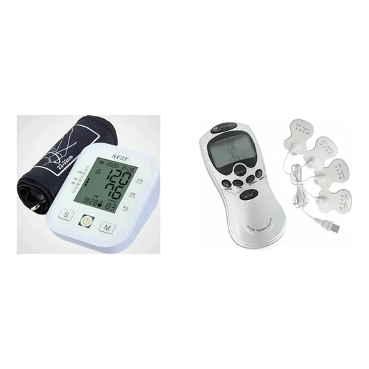 Kit Salud: Toma Presión Digital Tensiómetro Brazo Usb O Batería Blanco + Electroestimulador Tens 4 Electrodos Blanco