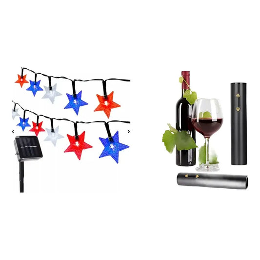 Kit Fiesta: Guirnalda Solar Led Azul 10mts + Sacacorchos Eléctrico Negro