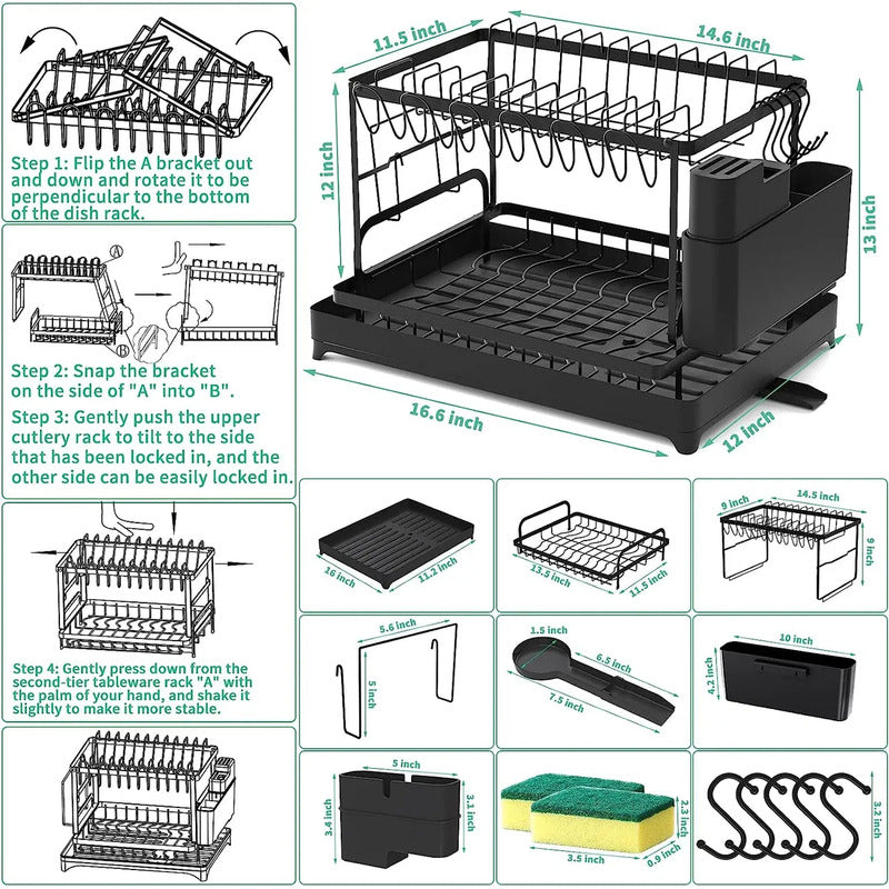 Escurridor Seca Platos Acero Fuerte Resistente 42x25x40.5 Cm Negro