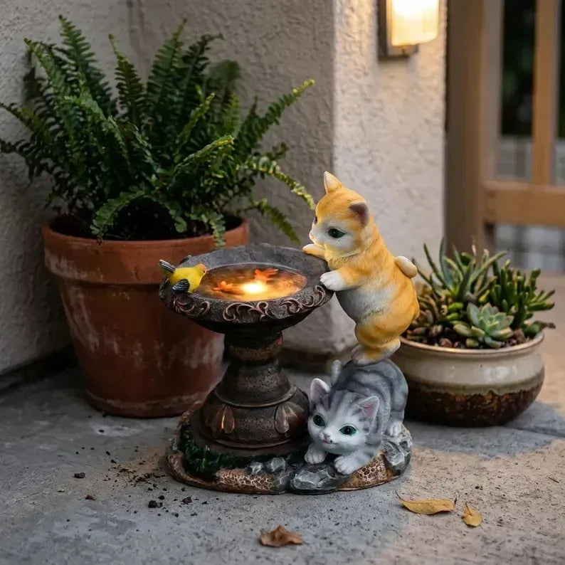 Estatua Decoracion De Gato Y Fuente Con Luz Solar