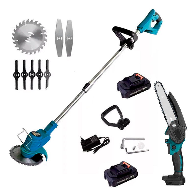Kit 2 En 1 Cortadora De Pasto + Mini Moto Sierra Inalámbrica Azul Acero
