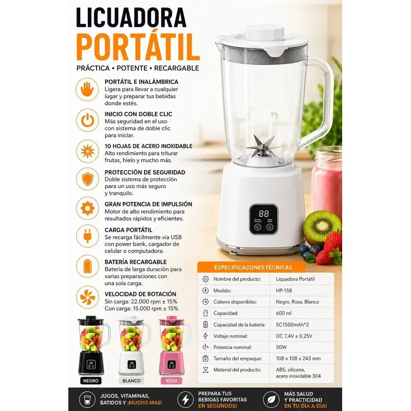 Licuadora Portátil Recargable 600ml Con 3 Programas Vaso Licuadora Usb Para Batidos Smoothies Jugos Proteínas Frutas... Negro