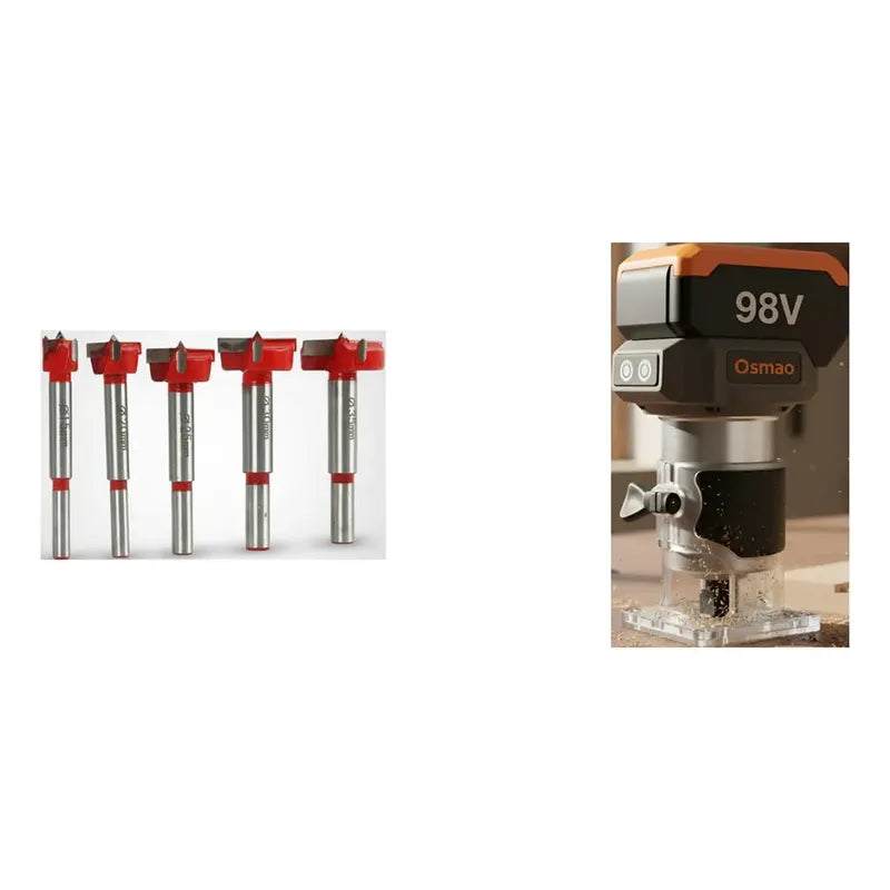 Kit Carpintero: Broca Forstner 5 Piezas + Fresadora Router 31000rpm 1/4 1160w Inalámbrica 2 Baterías