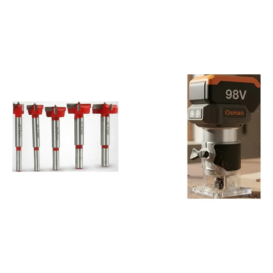 Kit Carpintero: Broca Forstner 5 Piezas + Fresadora Router 31000rpm 1/4 1160w Inalámbrica 2 Baterías