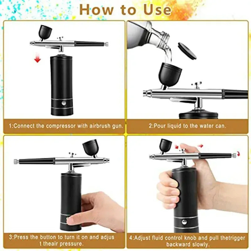 Aerógrafo Compresor Inalámbrico Recargable 30psi Profesional Negro