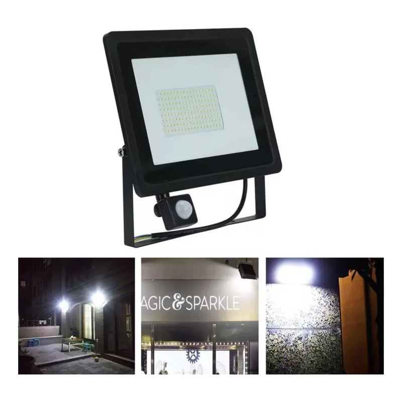 Foco Proyector 100w Pack X2 Con Sensor De Movimiento 220v Negro