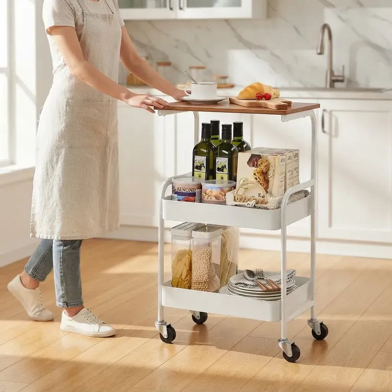 Carrito Organizador Metalico Con Ruedas Y Tapa De Madera Blanco