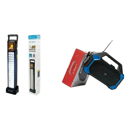 Kit Solar: Lámpara Solar Foco Emergencia Recargable 48 Led Negro + Parlante Solar Radio Usb Linterna Negro