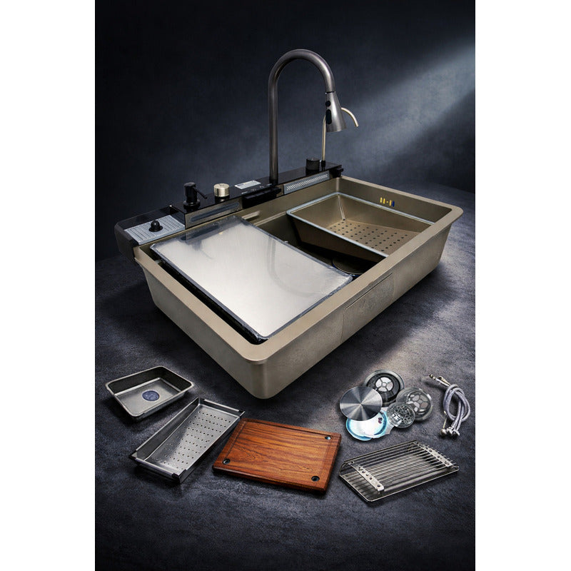Lavaplatos Fregadero Tecnohogar Cocina Digital Led 7 Modos De Agua Acero Inoxidable Cascada Lavavasos Termómetro Dispensador Jabón Escurridor Tabla De Cortar Matte Griferías Extraíble Gp3 Gris