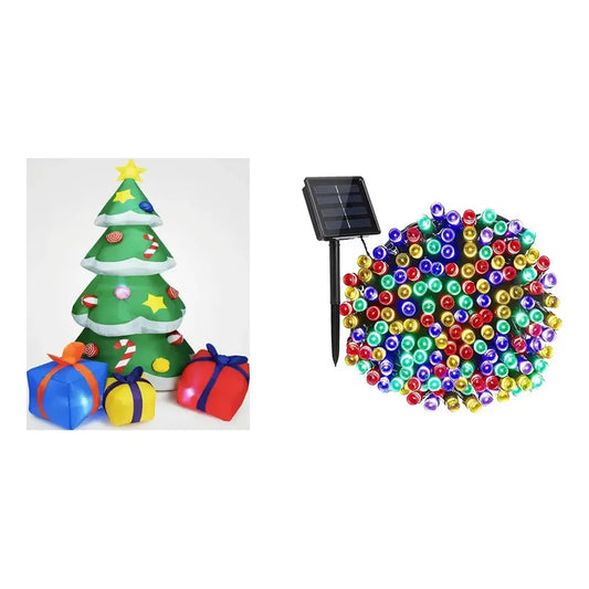 Kit Navidad: Árbol Inflable Verde 1,80 M + Pack 5 Guirnaldas Solares 10 M 100 Led Negro