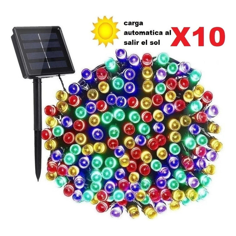 Pack X10 Luces Solares Navidad Guirnalda 10 Metros 100 Led Multicolor