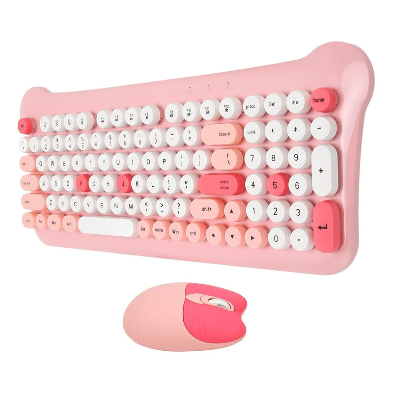 Teclado Gamer Inalámbrico + Mouse 2.4g  Retro Color Pastel Rosa