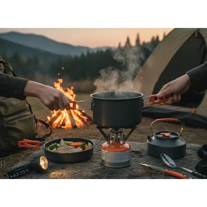 Set Ollas Outdoor Camping Cocina Para 9 En 1 Portátil Antiadherente Kit Cocina Al Aire Libre Picnics Senderismo Mochilero Vajilla Ligera Plegable Bolso Transporte Ideal Tecnohogar Plomo