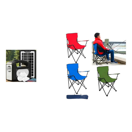 Kit Outdoor: Kit De Camping Solar Luz Emergencia Cargador Usb + 2 Sillas Plegables Con Portavasos