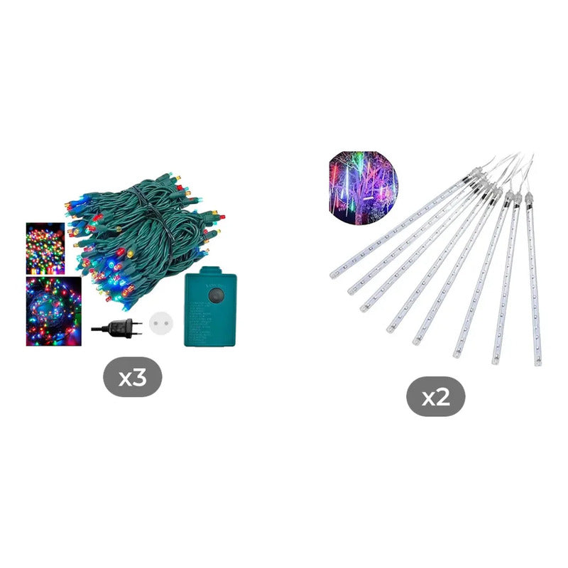 Kit Navidad: 3 Guirnaldas 100 Led Multicolor 10m + 2 Tubos Solares Lluvia Meteoritos Cálido