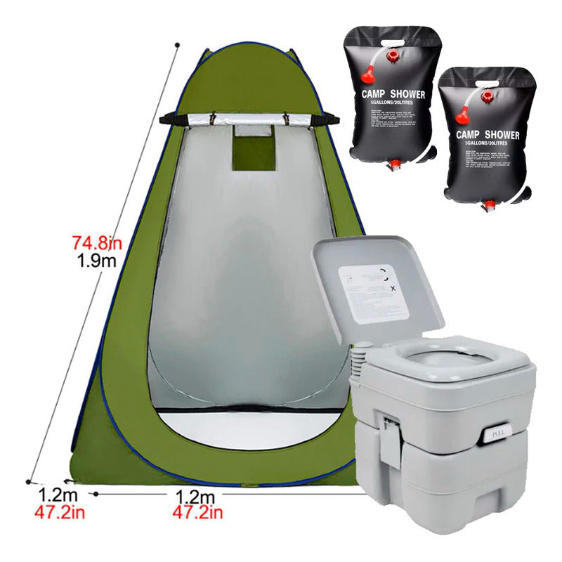 Carpa Caseta Baño Vestidor + Baño Químico + 2 Duchas 40l C/u Verde
