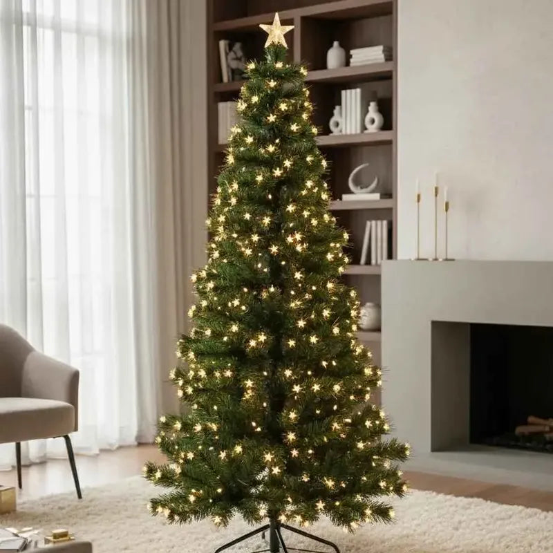 Kit Navidad: Árbol Verde Con Luces Cálidas Y Estrella 170cm + 4 Guirnaldas Led Solares 10m