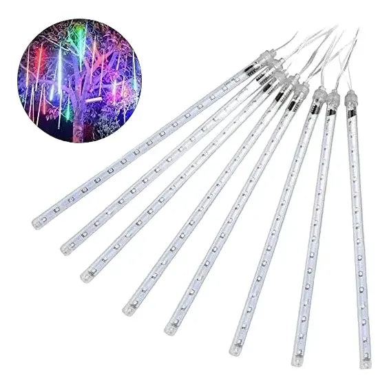 Kit Iluminación Solar: 2 Guirnaldas Mariposa Led 5m Multicolor + 2 Tubos Lluvia Meteoritos Blanco Cálido